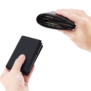 Casekey Minimalist Litchi Pattern Genuine Leather Credit Pop up Cardholder RFID Security Tri Fold Retro Automatic <b>Smart</b> <b>Wallet</b> - Product Image 4