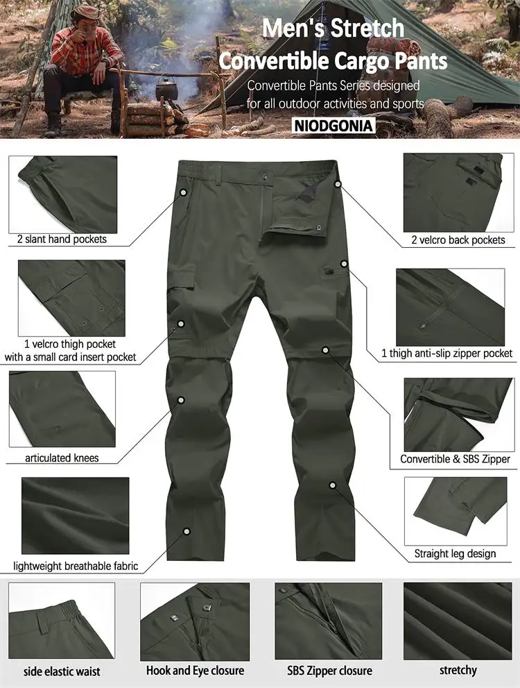 Calças e shorts de trekking para caça e trabalho, calças e shorts de cor maciça anti-UV para verão claro, forrado com malha cáqui e vários bolsos