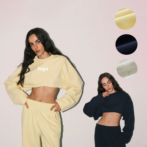 Conjunto de Sudadera Corta para Mujer, Color Sólido, Cuello Redondo, Manga Larga, Corte Holgado, Chándal de Algodón, Ropa Casual de Primavera - Product Image 2