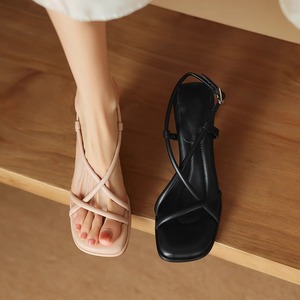 Women's Summer Heeled Sandals Nude Apricot Black Chunky Mid Heel Open <b>Toe</b> Buckle Roman Style Soft Microfiber Leather Lining - Product Image 4