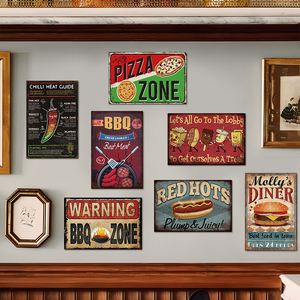 Factory Wholesale Customized Fast Food Metal Sign Hamburger Chips Drinks Burger <strong>Pizza</strong> Cafe Wall Decor Vintage Poster