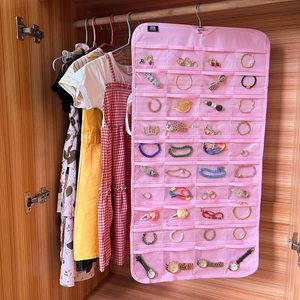 ที่เก็บเครื่องประดับแบบแขวน 80 ช่อง สีชมพู รูปทรงสี่เหลี่ยมผืนผ้า แบบตะขอ สำหรับเก็บต่างหู แหวน ด้านหลังประตู หรือติดผนัง - Product Image 5