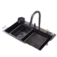 Évier de cuisine moderne nano tendance, rectangulaire, en acier inoxydable noir, à cuve unique, avec robinet, à encastrer, garantie 5 ans