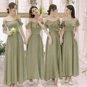 Bridesmaid Dresses Satin Off Shoulder Ruffle Long Green Wedding Party Dress Women's Spring Formal Gown - Product Image 1