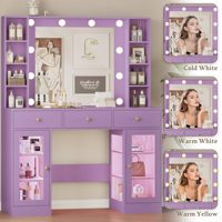 Table de Maquillage Moderne OEM/ODM avec Plateau en Verre Violet, Miroir Éclairé RGB 3 Modes de Couleurs Changeantes, Tiroirs Intelligents pour Chambre à Coucher