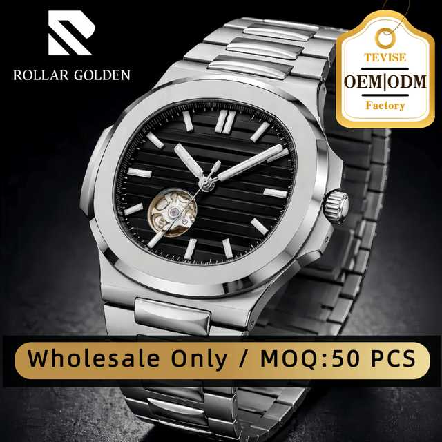 Rolar Golden Luxury Tourbillon Automatic Mechanical Watch with Custom Watch Dial Stainless Steel Strap 3BAR Waterproof