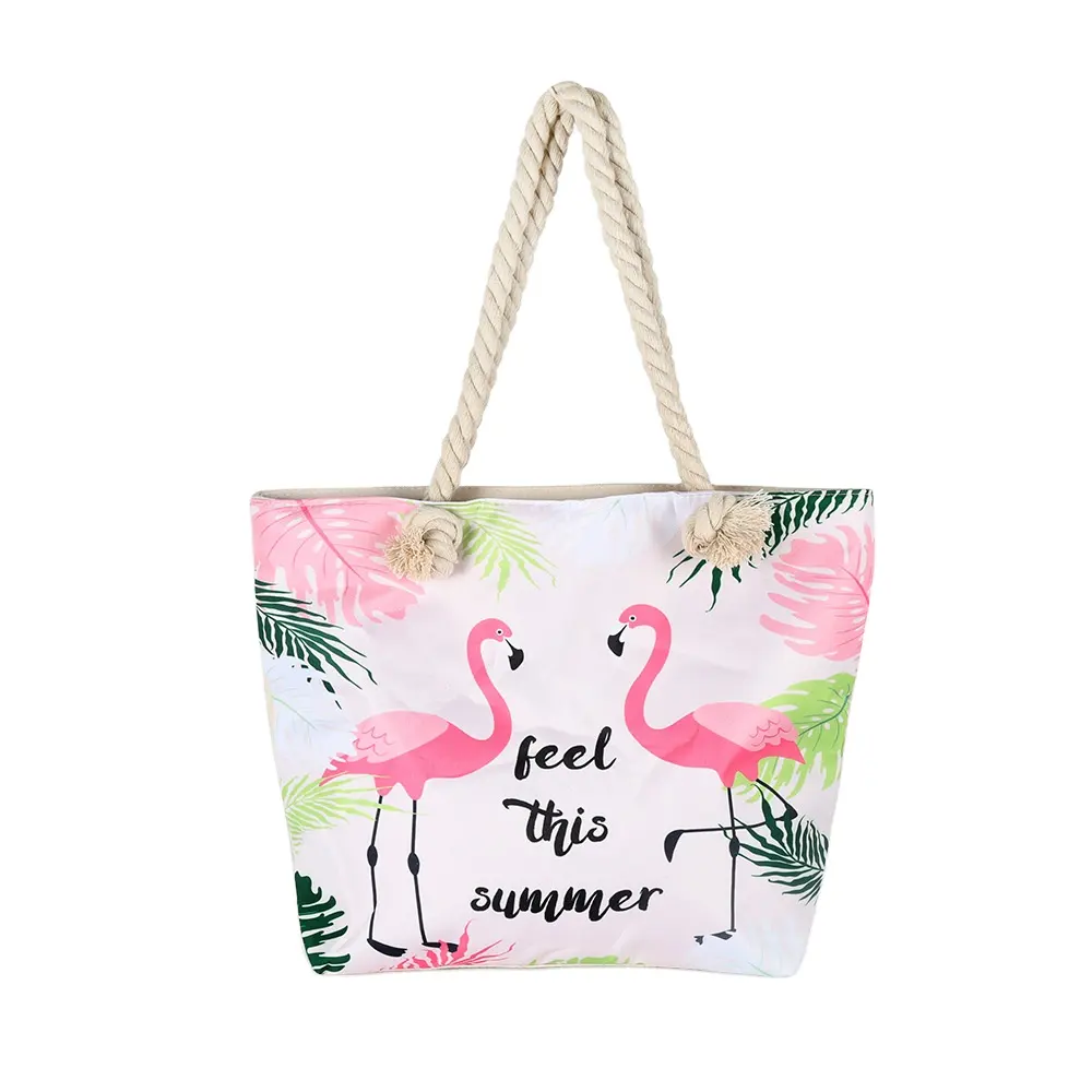 Eco Friendly Flamingo Full Sublimation Printed Recycled Polyester RPET Organic Cotton Canvas Rope Handle Women's Tote Beach Bag