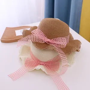 Outdoors Summer Beach Travel Sun Hats For Kids Wide Brim Flower Straw Hat Matching Visor Hat