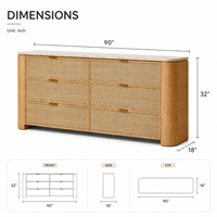 Commode Japandi à 6 tiroirs en rotin avec plateau en travertin, meuble de rangement en bois de luxe pour projets hôteliers et villas