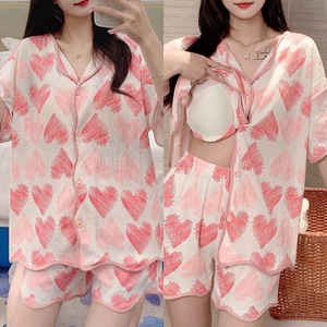 2026 Summer Women Pajamas Set With Chest Pad Short Sleeve Shirt and Pant Cartoon Printed Loose Casual Home Wear Set With Bra - Product Image 2