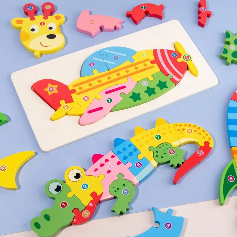 3D Toddler Montessori Game Early Educational Toys Unique Shape Cartoon Animals Jigsaw Pieces Wooden Puzzle