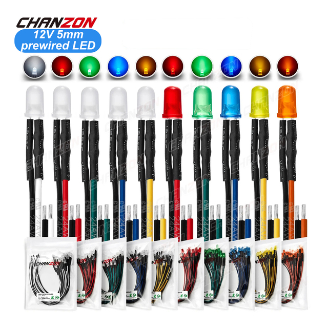 5mm Prewired LED Kit Light Emitting Diode 12V Diffused F5 Micro White Red Green Blue Yellow Orange Pre Wired Cable Lamp Bulb Set