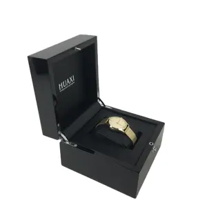 Oem全黑Pu皮革插页中密度纤维板涂漆手表盒包装豪华手表盒定制标志黑色木制手表盒