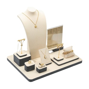 WEIMEI Beige Microfiber <b>Jewelry</b> <b>Display</b> Set Golden Stand Necklace Ring <b>Display</b> - Product Image 1