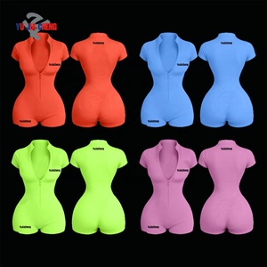 Mono de una pieza con cremallera, de verano, manga corta, para gimnasio, ajustado, para entrenamiento, personalizado, con cuello en V, para mujer - Product Image 3