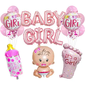 Baby Boy And Girl Foil Balloons Set-Blue And Pink Star Round Heart Foot And Bottle Shape White Dot Sequin Foil Balloons Kits