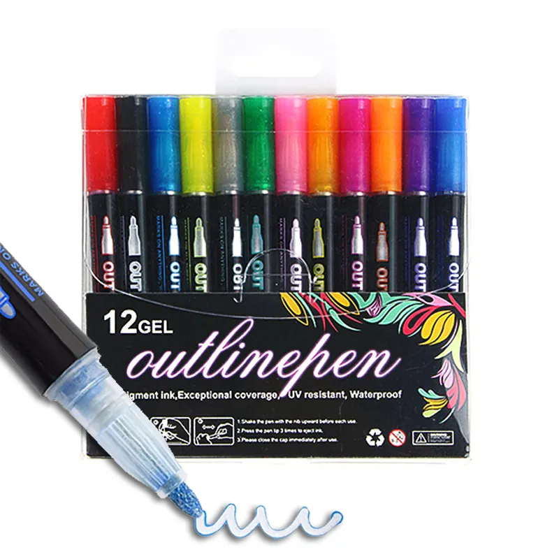 Kids 12 Glitter Markers Set Double Line Outline Markers Colored Super Squiggles Markers for Greeting Cards Easter Eggs