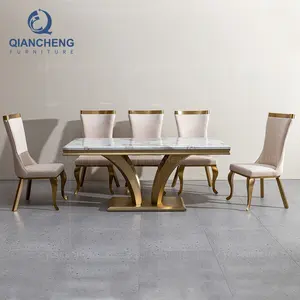豪华大理石餐桌欧式风格家具餐厅桌子套装不锈钢底座餐桌和椅子