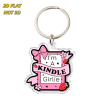 Aksesoris gantungan kunci akrilik Kindle Girlie, pita merah muda, stroberi & bunga dengan desain gulungan, liontin bening dua sisi