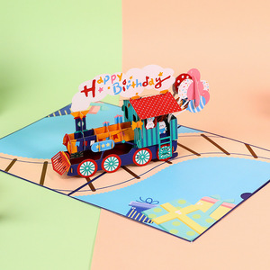 Carte d'invitation d'anniversaire 3D bleue à prix d'usine, faite à la main, en papier découpé, motif train, impression UV de luxe, DIY - Product Image 2
