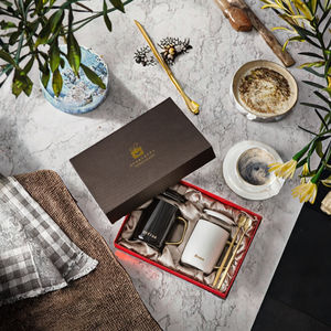 Juego de Tazas de Cerámica <span class=keywords><strong>BLW</strong></span> Procelian Oriental para Regalo de Boda u Oficina, Color Negro, Blanco y Dorado, con Asa, Tapa y <span class=keywords><strong>Cuchara</strong></span> - Product Image 5