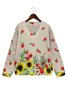 Maglione da Donna Traspirante Casual con Motivo Girasole, Collo a V, Maniche Lunghe, Lavorazione Pointelle <span class=keywords><strong>e</strong></span> Inserti in Rete, 100% Poliestere, Collezione Primavera 2026 - Product Image 3