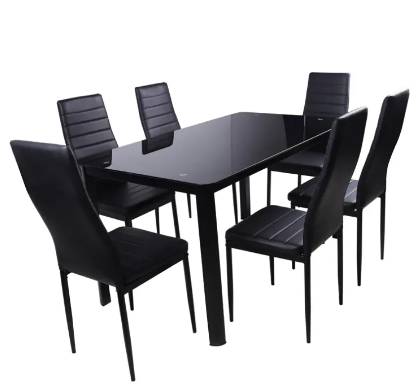 Mesa de comedor con patas de Metal, mueble de diseño moderno y barato, color negro, 6 asientos, estilo vidrio