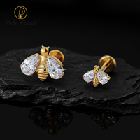 Cincin Labret Titanium Ulir Dalam Model Bee Double Drop CZ Wings, Anting Stud Flat Back untuk Tulang Rawan, Conch, Helix, Piercing Bibir