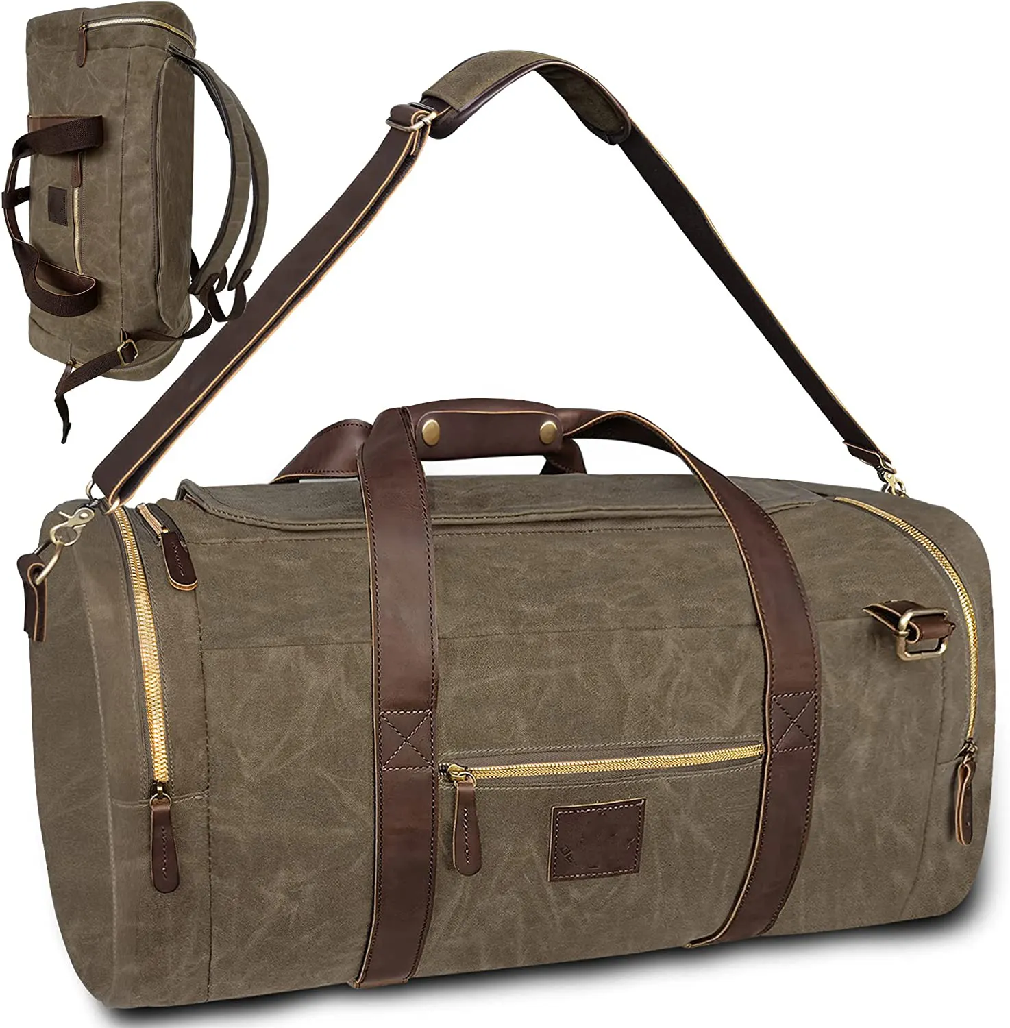 Waxed Canvas Travel Duffel Bag Vintage Genuine Leather Travel Handbag Upgraded Weekender Overnight Backpack