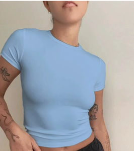 Nueva Camiseta de Manga Corta para <span class=keywords><strong>Mujer</strong></span>, Lisa, Simple, Casual, Suave, Combinable con Todo, Top Corto Básico, <span class=keywords><strong>Camisetas</strong></span> de Moda de Verano - Product Image 3