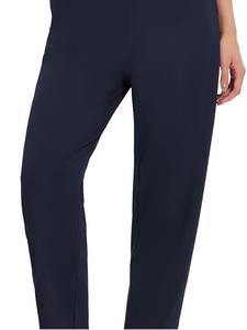 Pantalones de crepé azul marino de cintura alta con cintura elástica, corte casual y largo completo para mujer - Product Image 1
