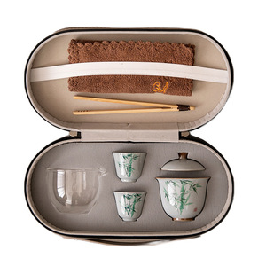 Juego de té de viaje de bambú pintado a mano, cerámico, una tetera, dos tazas, portátil, para exteriores, regalo para personas mayores - Product Image 5