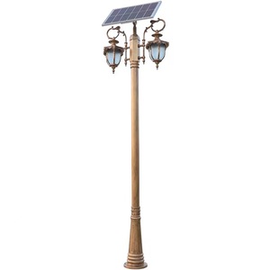 <b>Solar</b> Powered Garden <b>Light</b> <b>Post</b> Dual Glass Shades 2700K Warm White LED Bronze Finish IP66 Motion Sensor Iron Construction - Product Image 1