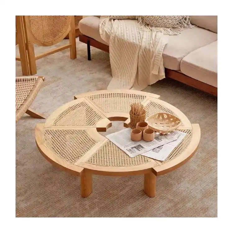 Table à thé circulaire créative table à thé simple en rotin tissé table circulaire en bois massif en rotin indonésien