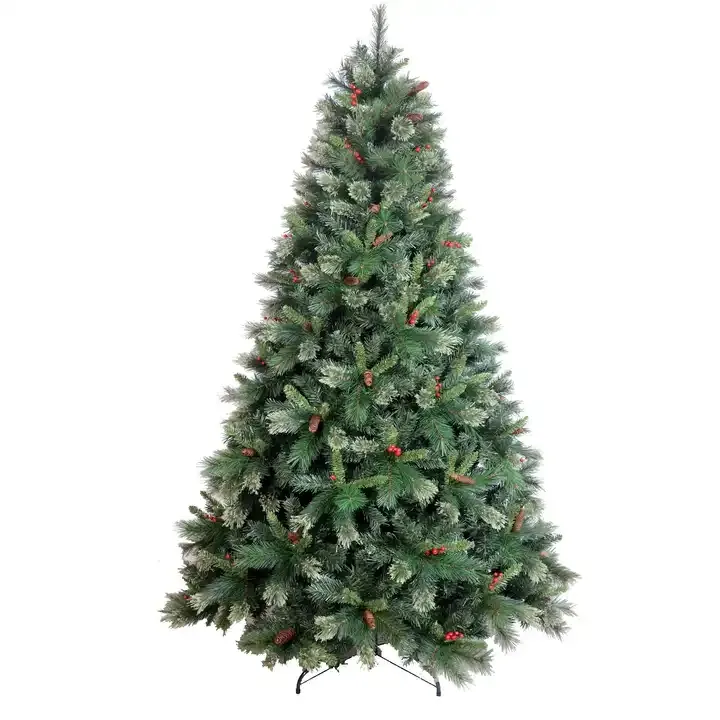 Grosir pohon Natal imitasi luar ruangan Spiral pohon Natal jarum pinus dengan buah beri ornamen pohon Natal Pinecone alami