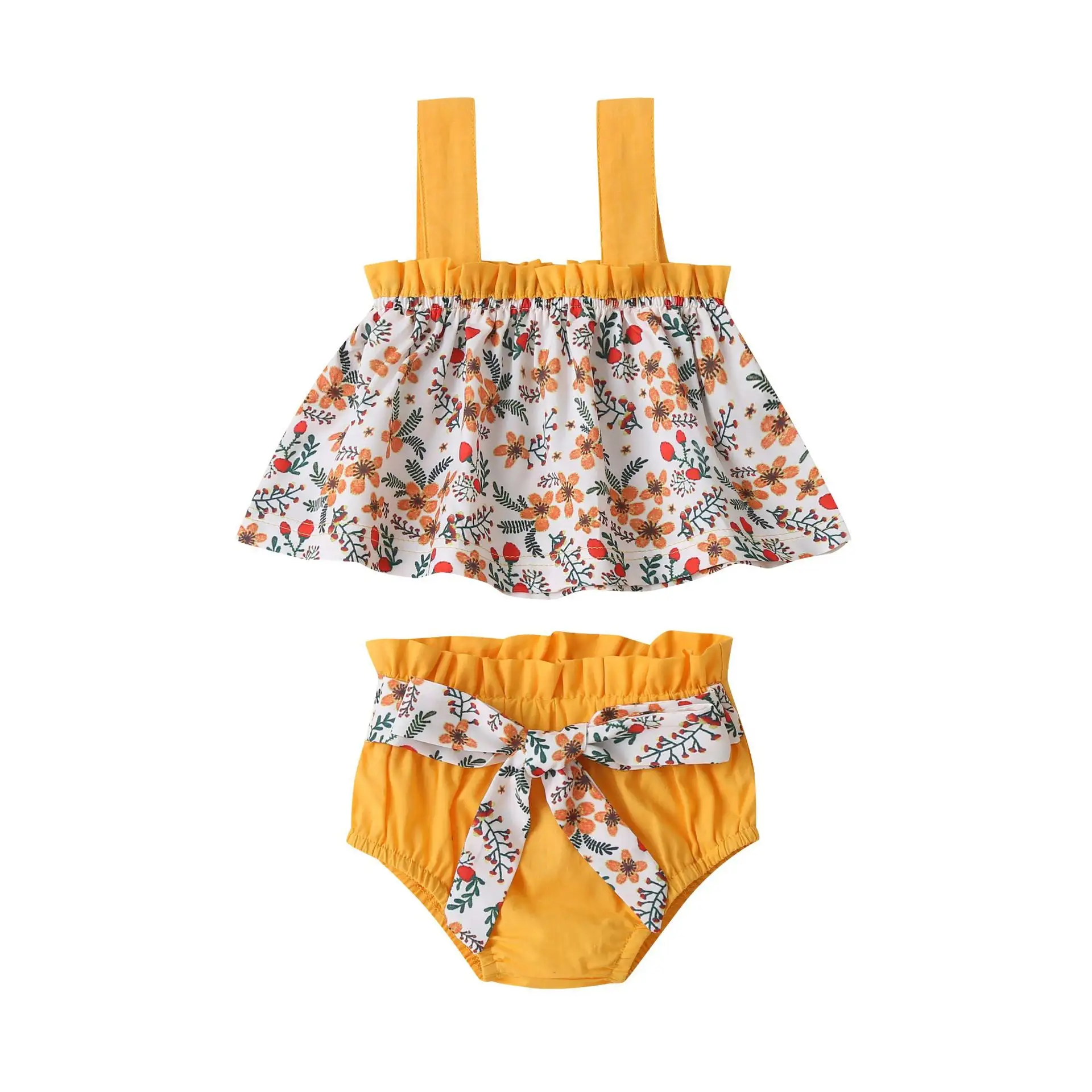 Sommer 2021 neue Baby Mädchen gelb Kondolen gürtel kleine Blumen kleid Shorts zweiteilige Kleidung Set