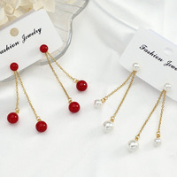 Anting-Anting Mutiara Imitasi Bulat Rantai Tipis Panjang, Membentuk Wajah Lebih Ramping, Elegan, Feminin, Cocok untuk Kantor, Serbaguna, Perhiasan Telinga Wanita