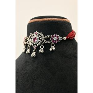 High quality Flower Pattern Tibetan <b>Silver</b> Oxidised Chik Set Necklace With Red Beads And Cubic Zirconia For Women WeddingJewelry - Product Image 1