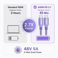 Câble USB C en nylon coloré 240W 48V 5A E-Mark avec coque en aluminium Type C vers C pour une charge rapide pour iPhone 16 Pro MacBook