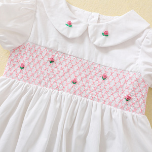 Neues Sommerliches Lässiges Retro Baumwoll-Kleid mit Stickerei, Weiß, Kurzärmelig, A-Linie für Kleine/Mittlere Kinder, Knitterfrei - Product Image 3