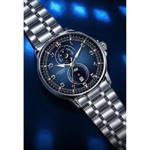 Montre mécanique automatique pour hommes, calendrier des phases lunaires, cadran analogique en cristal, montre-bracelet en acier inoxydable, résistante à l'eau 3BAR - Product Image 2