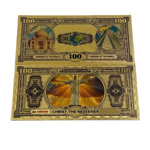 Billet <span class=keywords><strong>de</strong></span> <span class=keywords><strong>banque</strong></span> en PET plaqué or 100 dollars, étanche, sur le thème <span class=keywords><strong>des</strong></span> Sept Merveilles <span class=keywords><strong>du</strong></span> <span class=keywords><strong>Monde</strong></span>, pour collection, vente en gros - Product Image 1