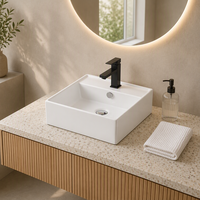 Wastafel Keramik Seni Modern Berbentuk Persegi dengan Tepi Tipis, Model Countertop, Dilengkapi Lubang Keran