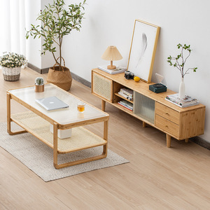 Nordic Minimalist Coffee <b>Table</b> Tempered <b>Glass</b> Double Layer Rattan For Small Apartments Living Room Furniture - Product Image 2