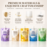 Pochette souple personnalisée avec bec verseur, sachet d'emballage liquide autoportant avec bouchon verseur 50ml 250ml 1L rechargeable pour jus et détergent