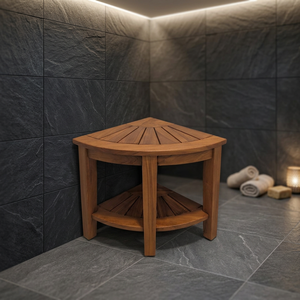 Solid Teak Wood <b>Corner</b> <b>Shower</b> Bench Slatted Top Bathroom Stool with Storage <b>Shelf</b> - Product Image 2