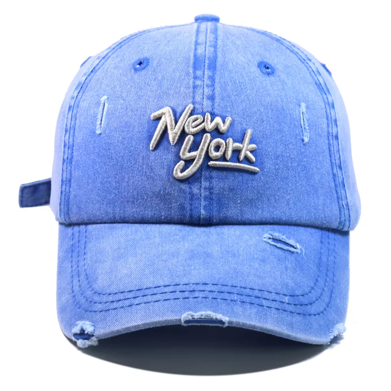 Özel New York nakış 6 Panel Denim sıkıntılı yıkanmış Vintage beyzbol şapkası Gorras kot yapılandırılmamış baba şapka