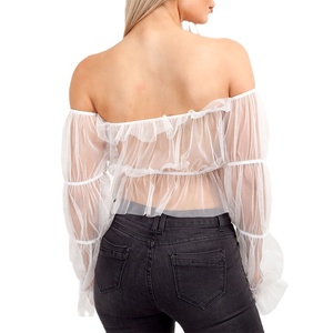 Logo personalizzato Oem di alta qualità da donna alla moda moda estivo <span class=keywords><strong>camicetta</strong></span> femminile all'ingrosso in <span class=keywords><strong>Tulle</strong></span> bianco manica lunga maglia Crop Top - Product Image 2
