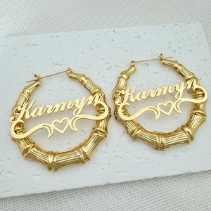 Pendientes de <span class=keywords><strong>Aro</strong></span> Personalizados con Placa de Nombre, Chapados en <span class=keywords><strong>Oro</strong></span>, de Acero Inoxidable - Product Image 6