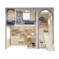 Lit mezzanine multifonctionnel JS moderne en bois massif, confortable et écologique pour enfants, avec bureau, toboggan, rangement gain de place et escalier-armoire